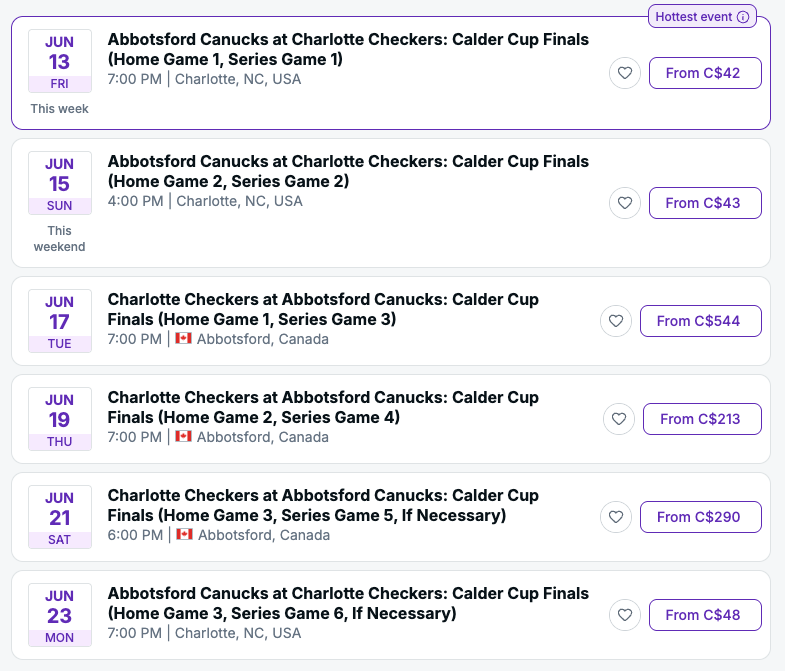 Shanel Pratap (@shanelpratap) on Twitter photo Check out the resell prices for #CalderCupFinal between <a href="/abbycanucks/">X - Abbotsford Canucks</a> and #CharlotteCheckers Check out the resell prices for #CalderCupFinal between <a href="/abbycanucks/">X - Abbotsford Canucks</a> and #CharlotteCheckers
