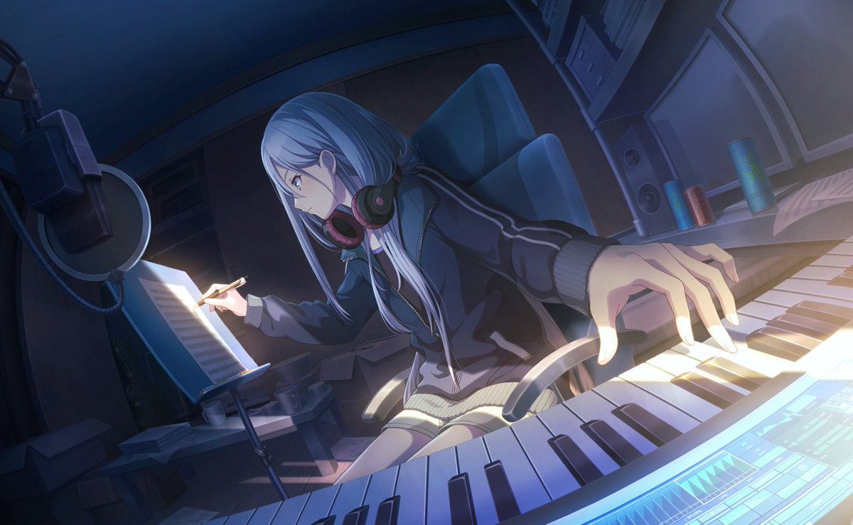 - kanade is reaching out to the keyboard, representing her importance to music. her pose reminds me of her untrained here. 
- she has no particular expression. it's not emotive, not happy, nor sad. its simply that she exists around music. she reaches out to it, yet is complacent.