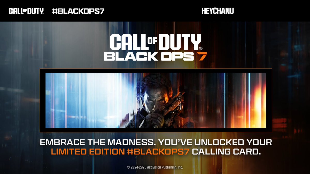 CallofDuty's tweet image. @HeyChanu Your #BlackOps7 Calling Card will be available in your inventory in Season 04 Reloaded. 

Don't miss Call of Duty: Black Ops 7's official reveal this summer.