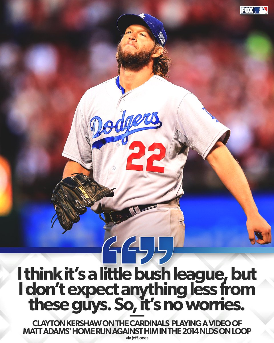 MLBONFOX's tweet photo. Clayton Kershaw wasn’t pleased the Cardinals repeatedly played the clip of Matt Adams’ 2014 NLDS home run off him before his start in St. Louis.

(via @jmjones) https://t.co/D6cMhG9woR