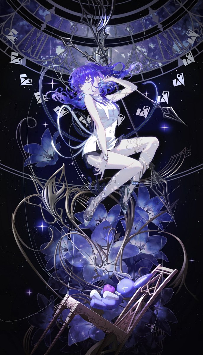 II. Mafuyu (god this is taking a while)
- the short hand of the clock is completely tilted , not being on the clock. it symbolises how she feels 'off', disjointed.  i assume it says 4:25? 
- the flowers below are lillies, which represent purity. purple lillies represent elegance.