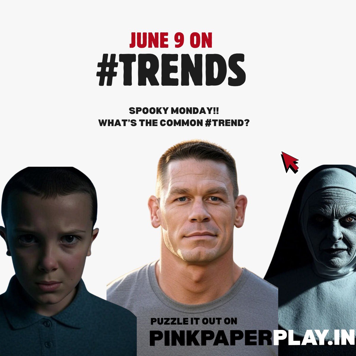 Starting this week with a Spooky Monday 👻 !

But when you play today’s #Trends, you will realise that it’s not these movies or shows that are scary.

It’s the spate of #Scams in the country. 

Play: pinkpaperplay.in/games/trends13

#JohnCena #TheConjuring #StrangerThings5 #ABBA #scam