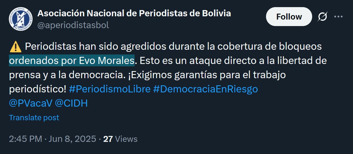 Si se la pasan estigmatizando protestas generalizadas por la crisis, tratan de enfocarlas en una sola persona y promueven la propaganda estatal: "cosecharás tu siembra", <a href="/aperiodistasbol/">Asociación Nacional de Periodistas de Bolivia</a>.
No hay que olvidar que su presidente, Zulema Alanes, fue militante del derrocamiento de 2019