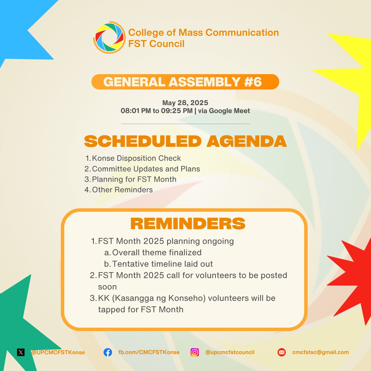 Sorry FSTs sa delayed minutes! 😓 Pero at least 'di kasing delayed ng impeachment trial ni... 👀👊💚

Hey FSTs! 👋 The UP CMC FST Konse recently held its General Assembly #6 last May 28, 2025! 

Access the full minutes of the general assembly here: bit.ly/4irRvKs