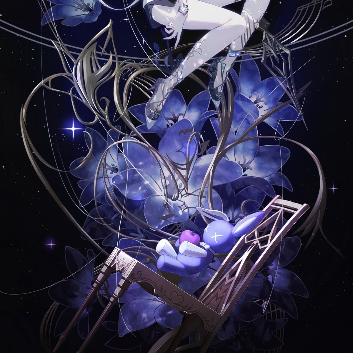 - the chair tilted right, paralleling with mizuki. it's straight like a dinner chair. it symbolises her blank state of mind
- the bunny and the apple, both representing her child self. there are parts of white, symbolising kanade's influence in healing 
- mafuyu's flowers all-