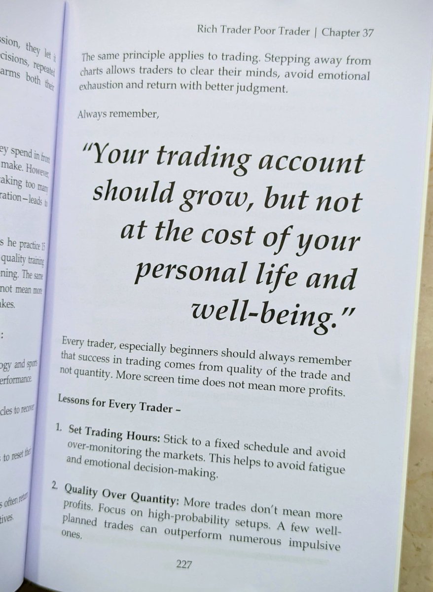 Let's not lose ourselves chasing the markets.

Who all agree to what <a href="/KommawarSwapnil/">Swapnil Kommawar</a> mentions in his book #RichTraderPoorTrader.

"Your trading account should grow, but not at the cost of your personal life or well-being." ❤️🧘‍♂️

#TradingPsychology #StockMarketIndia