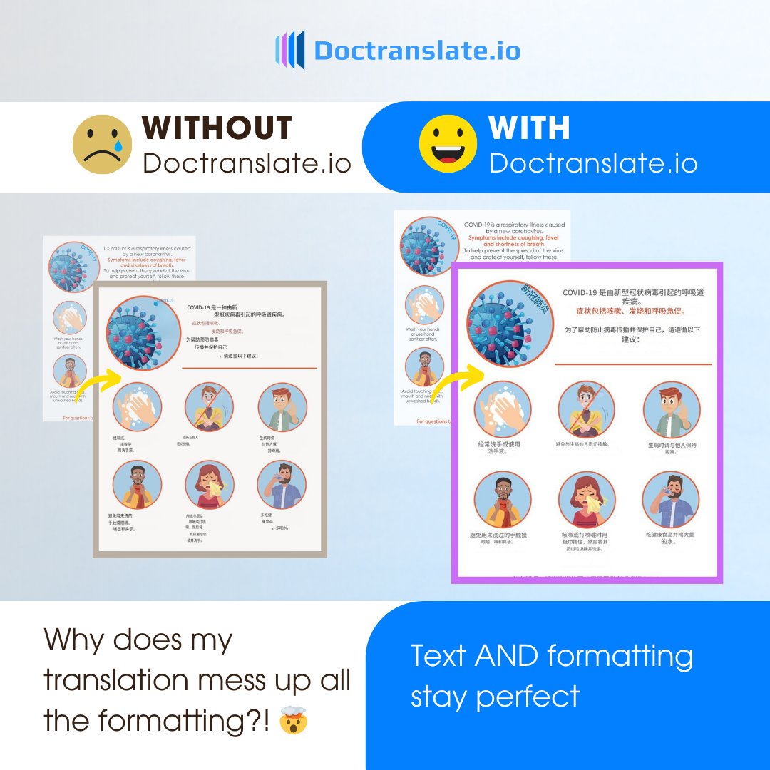 Doctranslate_ai's tweet image. Preserve your document&apos;s formatting while translating! 💯 DocTranslate ensures perfect layout and accurate translation, unlike other tools that mess things up.  Stop stressing over formatting fixes! #DocTranslate #PerfectLayout #Translation