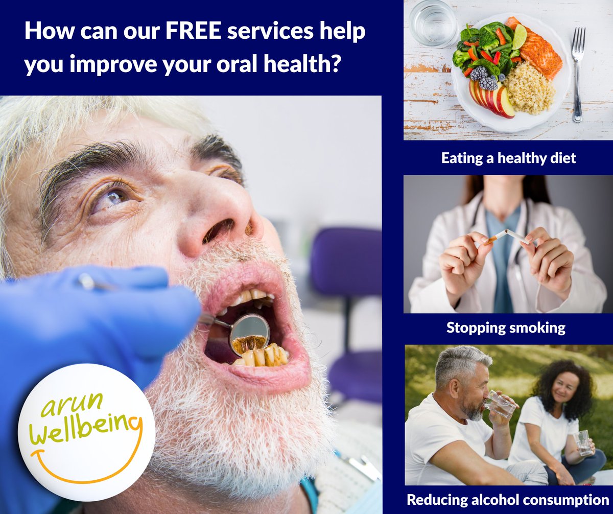 12 May - 12 June is #NationalSmileMonth, promoting oral health.

Eating a healthy diet, stopping smoking, and reducing alcohol consumption can improve your oral health, and these are all things we can help you with!

Contact us for FREE local support:
arun.westsussexwellbeing.org.uk/contact-us