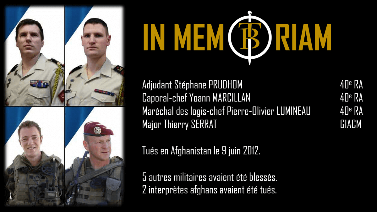 TheatrumBelli's tweet photo. IN MEMORIAM
PRUDHOM, MARCILLAN, LUMINEAU, SERRAT
Tués le 9 juin 2012 (Afghanistan)
https://t.co/yShpWEixxG

@40RA_Officiel

#GIACM #CIAE https://t.co/raNQ22tWRB