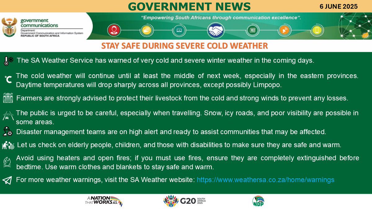 🚧 Weather Alert | South Africa 🇿🇦

The public is urged to stay safe as heavy rain, snowfall, icy conditions, and poor visibility are expected in some parts of the country. 

Take extra care at home, on the roads, and when outdoors. Stay updated with official weather alerts.