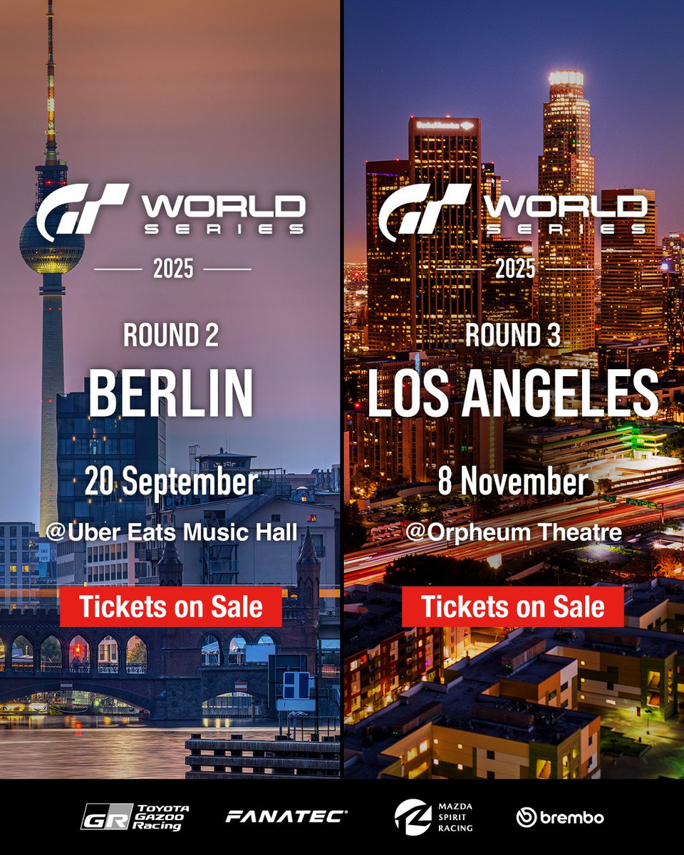 Experience the ultimate racing showdown, live and in person!
GT World Series 2025
Spectator tickets on sale now!
 
🇩🇪 Rd.2 Berlin｜20 Sep
@ Uber Eats Music Hall
 
🇺🇸 Rd.3 Los Angeles ｜8 Nov
@ Orpheum Theater
 
👇Get Tickets Here
gran-turismo.com/world/gt7/cham…
 
#GT7 #GranTurismo