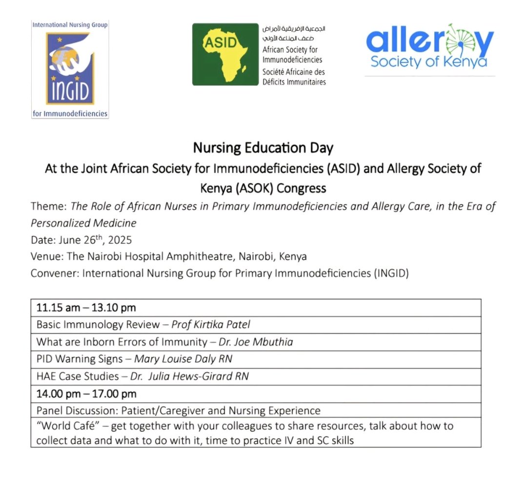 Don't miss the INGID Nurses Education Day at the 9th Biennial ASID Congress happening on 26 June 2025 .

Come and learn about Primary Immunodeficiencies and Allergy Care.

Register here: lnkd.in/dyNfZdby