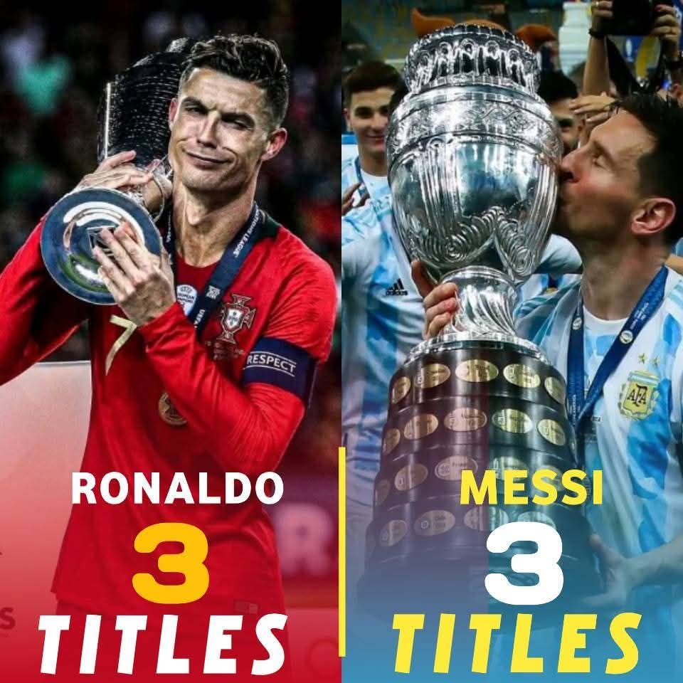 🇵🇹 Cristiano Ronaldo sasa amenyanyua Taji lake la Tatu la Timu ya Taifa, na kumfanya kuwa sawa na Lionel Messi 🇦🇷 kwenye mataji aliyoshinda katika Ngazi ya kitaifa.

Cristiano Ronaldo 🇵🇹
Ligi ya Mataifa ya 2X 🏆  
Euro  1 🏆 

Lionel Messi 
2x Copa Amerika 🏆
1 Kombe la Dunia 🏆
