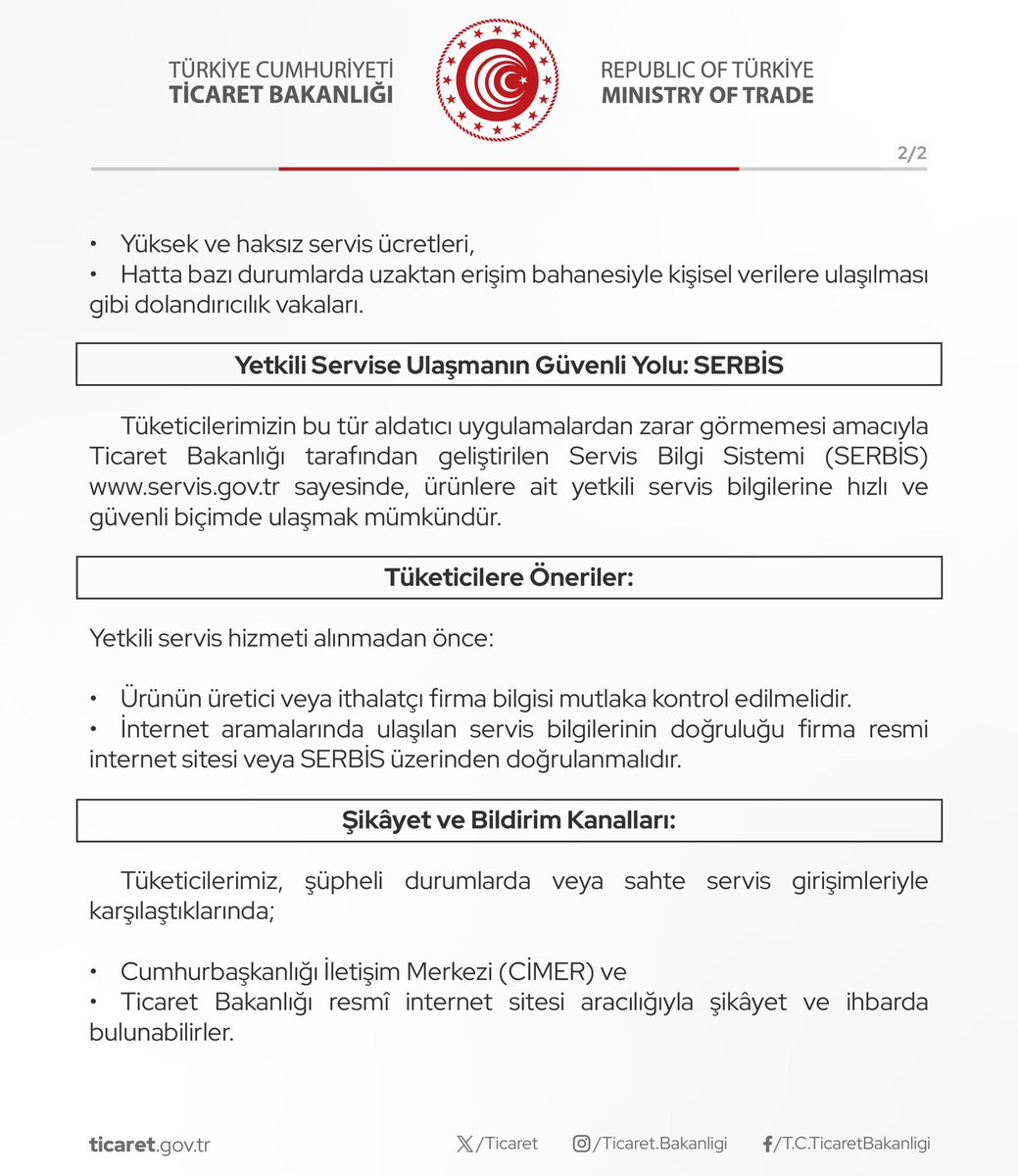 Sahte Servis Tuzağından Korunmak İçin Ticaret Bakanlığı Tedbir Aldı: Yetkili Servis Bilgisi SERBİS’te

(09.06.2025)