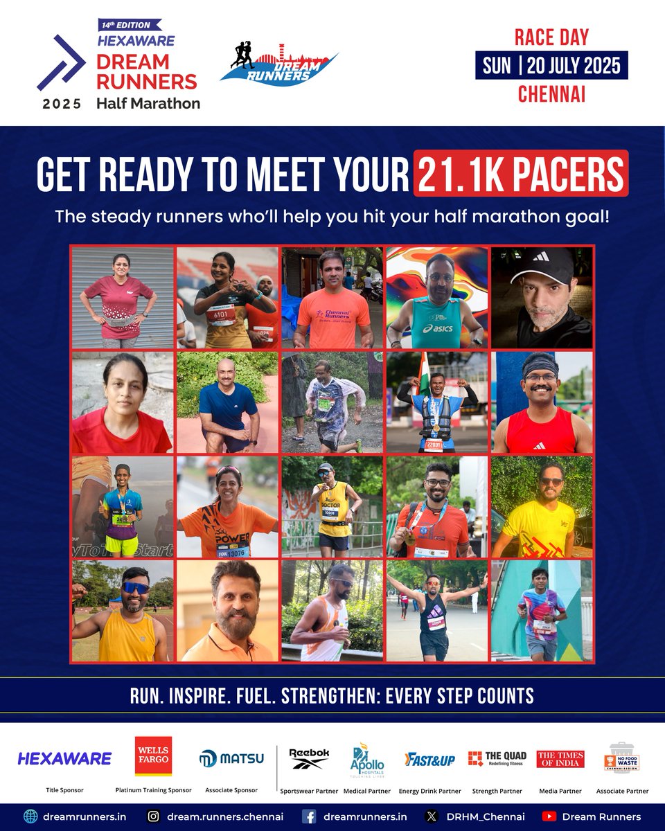 Meet the ones who’ll pace your every step - your 21.1K pacers are ready to help you own that half marathon finish line!

Stay tuned for more details.

To know more, visit dreamrunners.in
Register now at - reg.myraceindia.com/MRTS/DRHM25
------