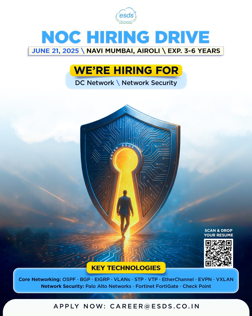 ESDS Software Solution Ltd (@esdsdatacenter) on Twitter photo We’re hiring experienced network professionals!
If you eat, sleep, and breathe OSPF, VLANs, or FortiGate – let’s talk!
Send your resume to career@esds.co.in or scan the QR to apply.
#jobs #vacancies #mumbai #ITjobs #hiringdrive We’re hiring experienced network professionals!
If you eat, sleep, and breathe OSPF, VLANs, or FortiGate – let’s talk!
Send your resume to career@esds.co.in or scan the QR to apply.
#jobs #vacancies #mumbai #ITjobs #hiringdrive