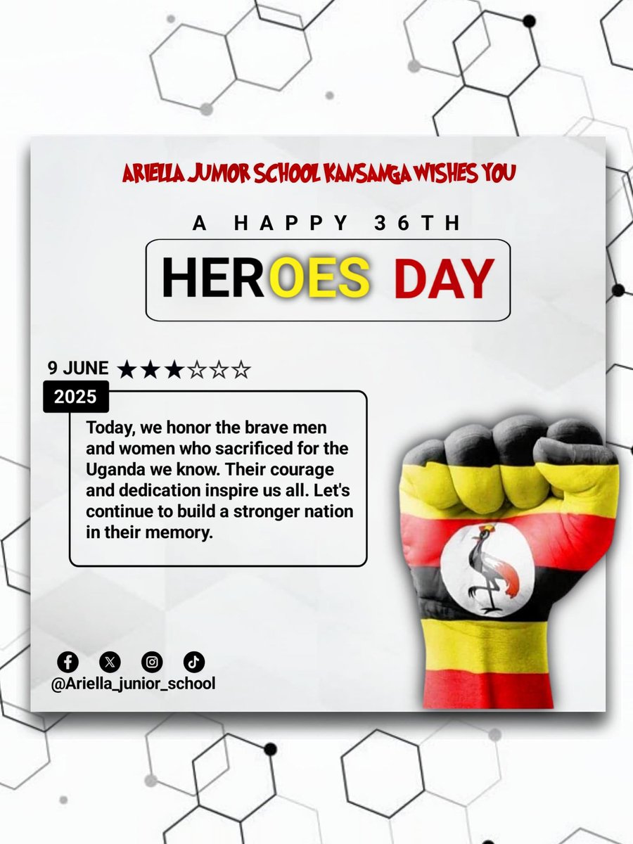 Today we honor🖤💛❤️ Uganda’s true heroes, hose who sacrificed for our freedom and future. 🇺🇬
Their courage lives on in the brave actions of everyday heroes around us.
Let’s keep building the Uganda they dreamed of.
#HeroesDay #UgandaNews #AriellaJuniorSchool #nationalpriorities