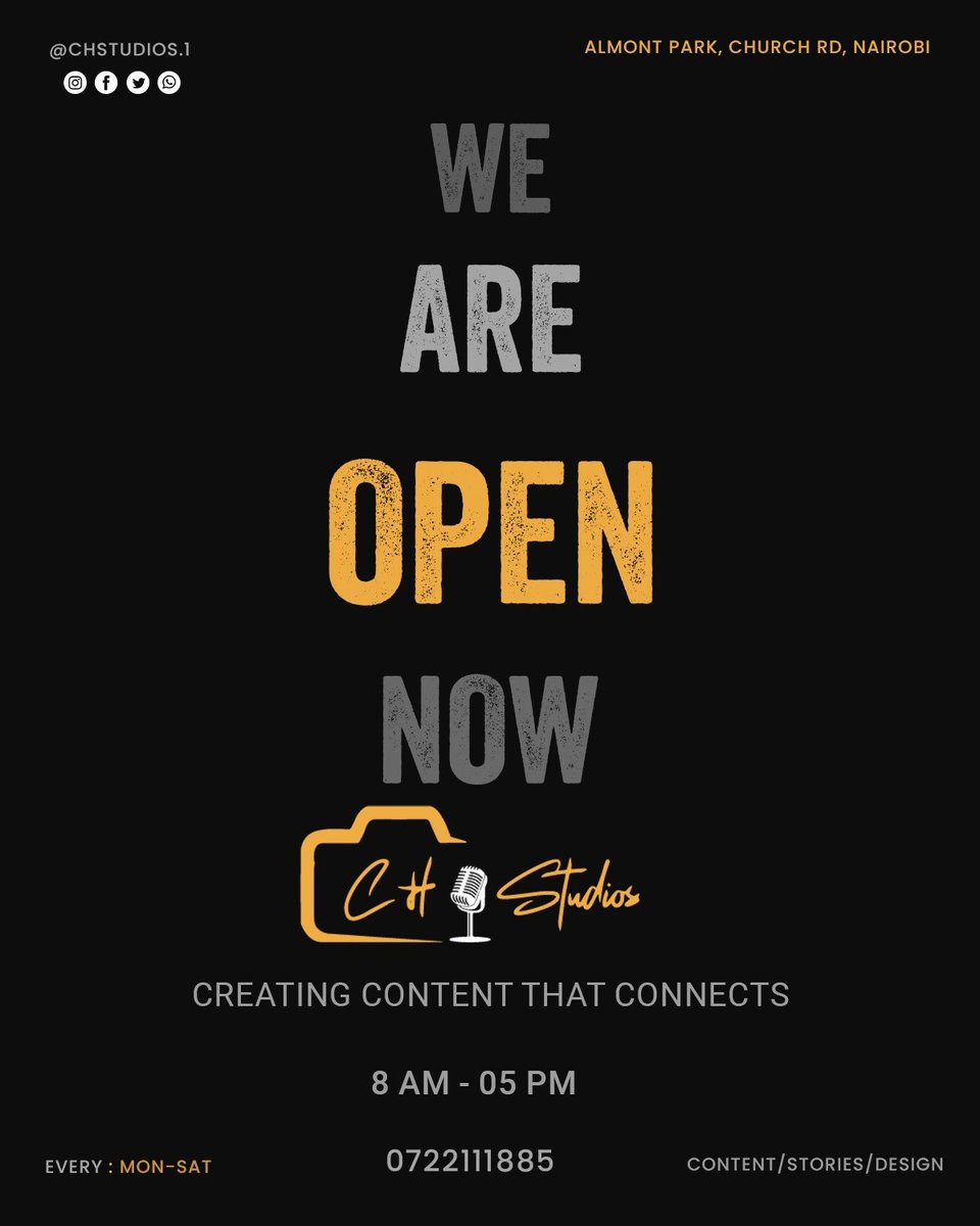 antondiema's tweet photo. Creative Hub (CH) Studios is now officially open at the heart of Westlands β Almont Park, Church Road.
Come, let's create some amazing content.
π 0722111885
#CreativeHubStudios
#CHStudios
#CreatingContentThatConnects https://t.co/p93BBCPENv
