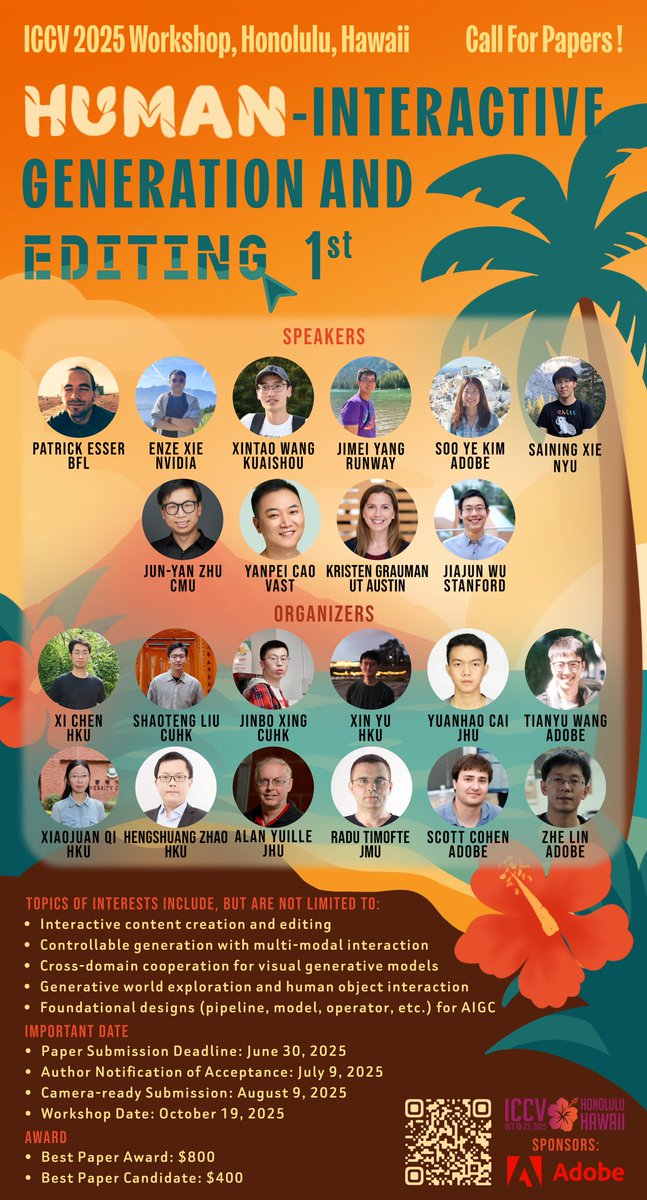 We will organize HiGen @ ICCV 2025 in Honolulu! Join us to explore human-interactive generation with top speakers from Adobe, Stanford, CMU, and more. Submit by June 30 for a chance to win $800! #ICCV2025 #ICCVworkshop #HiGen