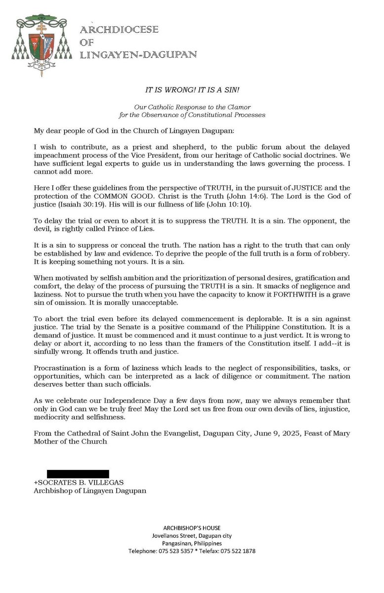 READ: Lingayen-Dagupan Archbishop Socrates Villegas joins the clamor to proceed with the impeachment process of Vice President Sara Duterte.  

“To delay the trial or even to abort it is to suppress the TRUTH. It is a sin,” he writes. #VPonTrial | 📷: Father Soc/Facebook via