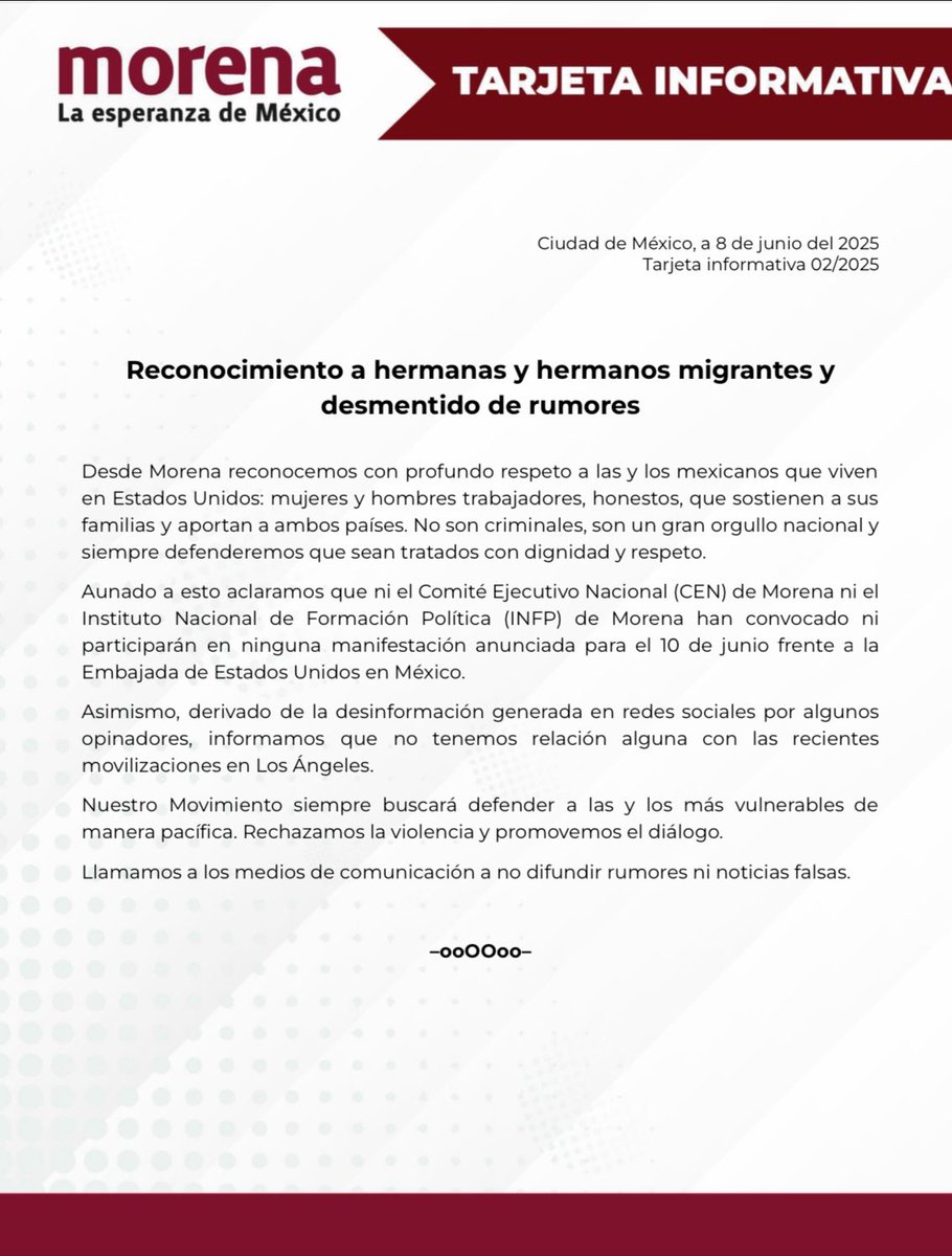 PartidoMorenaMx's tweet photo. 📰 El CEN de #Morena informa: 

Reconocimiento a hermanas y hermanos migrantes y desmentido de rumores 👇

🔗 https://t.co/MIzKrXrwja https://t.co/i7xoofBbkz
