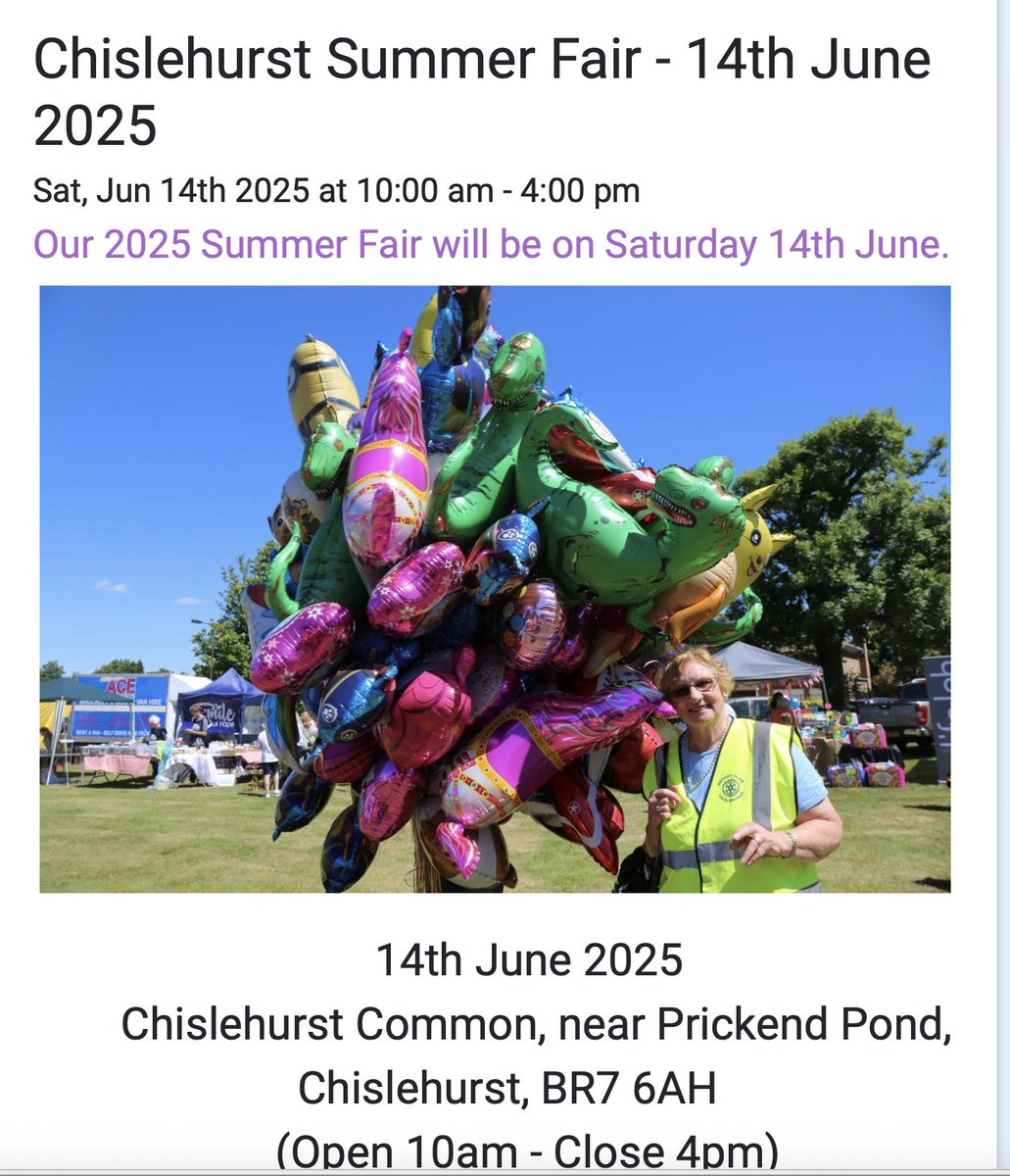 Chislehurst's annual summer fair is on the Common nr Prickend Pond, this Saturday 14 June: includes a children's funfair;  performances by local dance and theatre companies ; the Rotary Club Beer &amp; Pimms tent; &amp; c. 70 stalls: entertainments, food, drink,&amp; many products &amp; services