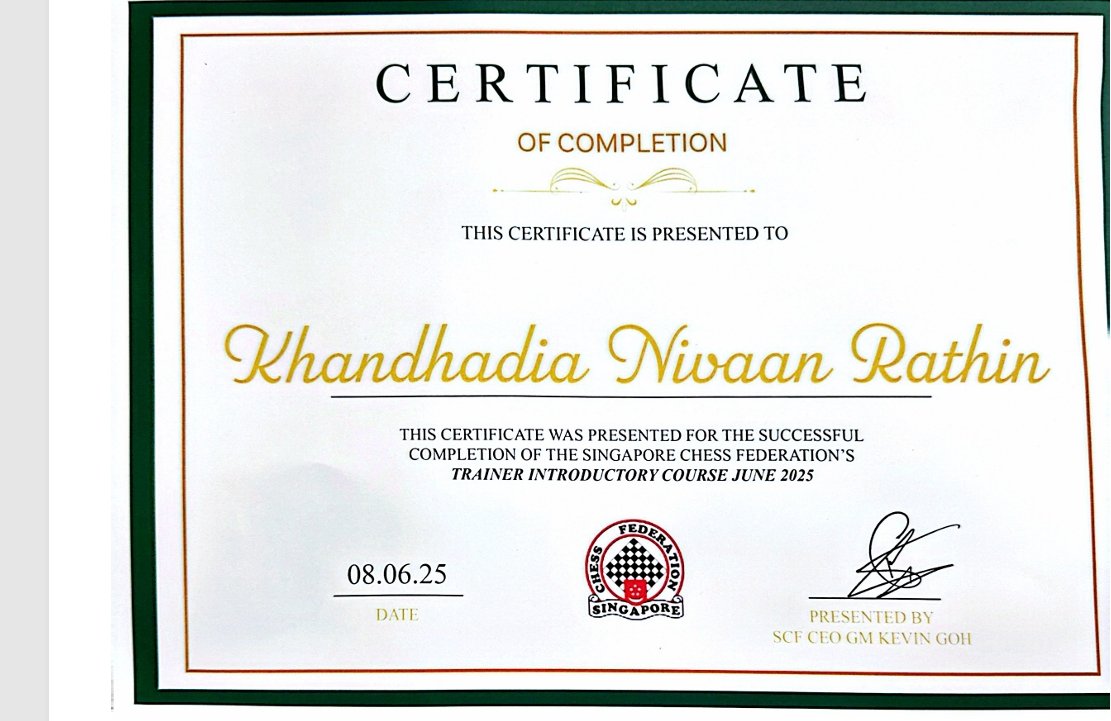 Nivaanplays's tweet image. Big news! 🎉
I’m now a Certified Chess Trainer ♟️🎓

Next stop? Still chasing that Grandmaster dream! ✨ FIDE - International Chess Federation, @chess federation Singapore

#ChessTrainer #CertifiedTrainer #ChessLife #FutureGM #TeenCoach #ChessJourney #magnuswatch