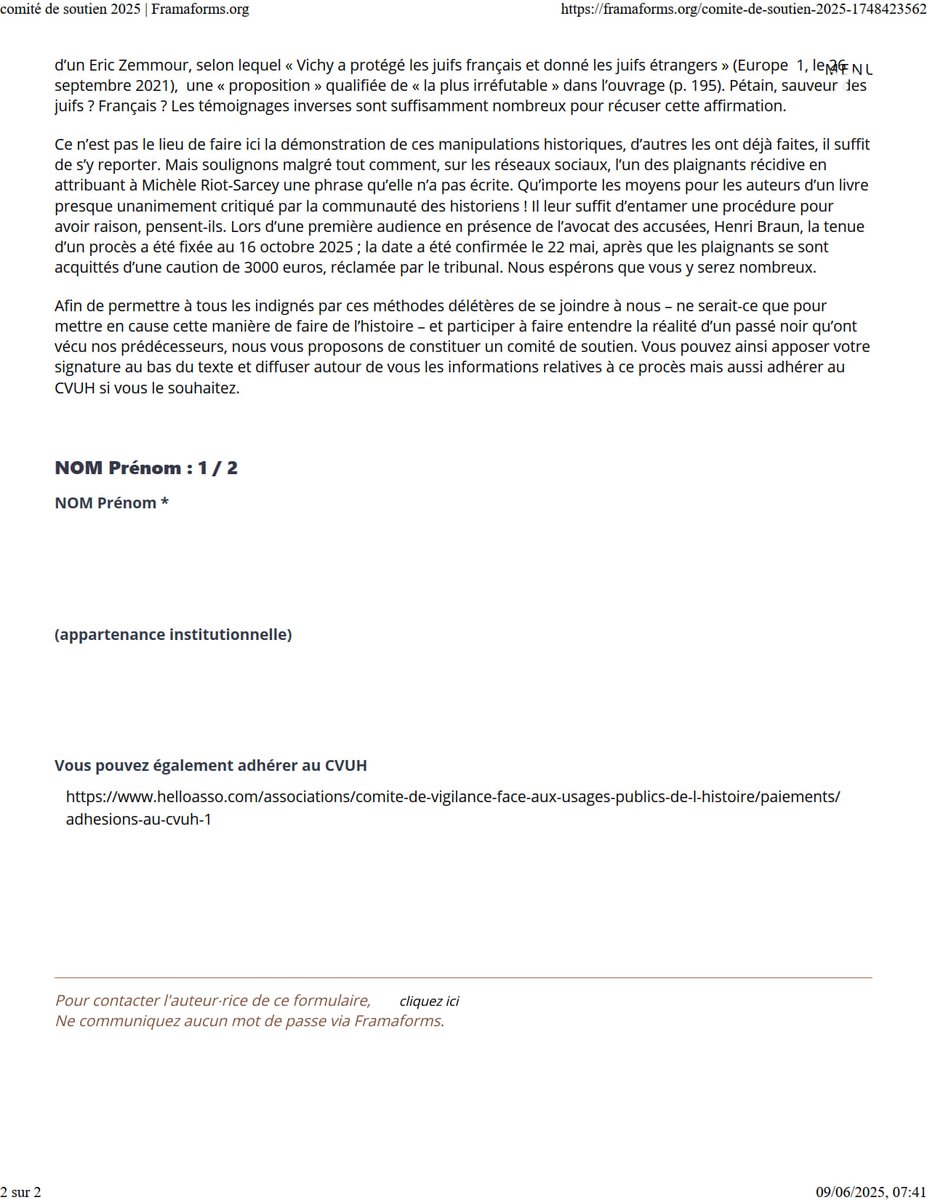 La SHMESP soutient le CVUH face aux attaques indignes dont sont victimes Natacha Coquery et Michèle Riot-Sarcey. Le procès en diffamation aura lieu jeudi 16 octobre à partir de 13h au tribunal de Bobigny.
Pour signer la motion de soutien
framaforms.org/comite-de-sout…