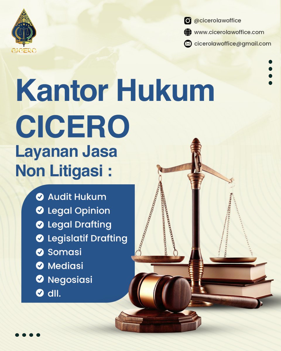 tedjorifai's tweet photo. Solusi Hukum Tanpa Perlu ke Pengadilan 

Praktis, Tepat, dan Efektif!

Kantor Hukum CICERO juga memberikan layanan hukum non-litigasi yang meliputi audit hukum, legal opinion, legal drafting, legislatif drafting, somasi, mediasi, negosiasi, dan berbagai layanan lainnya. https://t.co/8yxzehiCwY