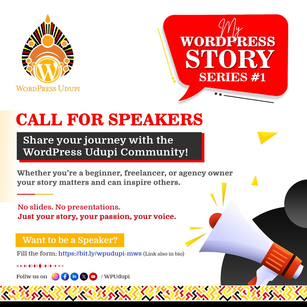 We’re inviting speakers for “My WordPress Story” - a special series by WordPress Udupi where real people share real experiences.

Fill the form to become a speaker: bit.ly/wpudupi-mws

#MyWordPressStory #WordPress #WPUdupi