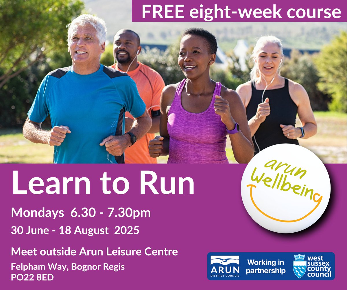 Our FREE eight-week Learn to Run class will be back 30th June!

Learn to Run
Mondays 6.30-7.30pm
Arun Leisure Centre, Felpham

Booking is essential as we need to complete a medical questionnaire with you before confirming your space:

arun.westsussexwellbeing.org.uk/contact-us

Or call 01903 737862