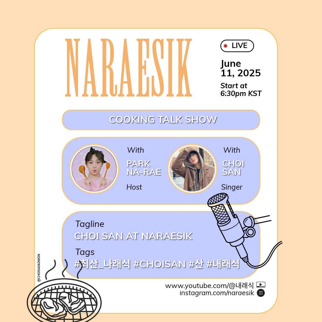 CHOISANUNION's tweet photo. Upcoming Event ⚠️

San on Park Narae’s YouTube show NARAESIK 

11 June (Wed), 6.30pm KST

Tagline: 
CHOI SAN AT NARAESIK

Tags: 
#.최산_나래식 #.CHOISAN #.산 #.내래식 

Trending starts at 5.30pm
See you there! 
#산  #サン #SAN #CHOISAN https://t.co/EzRNrDLr5w