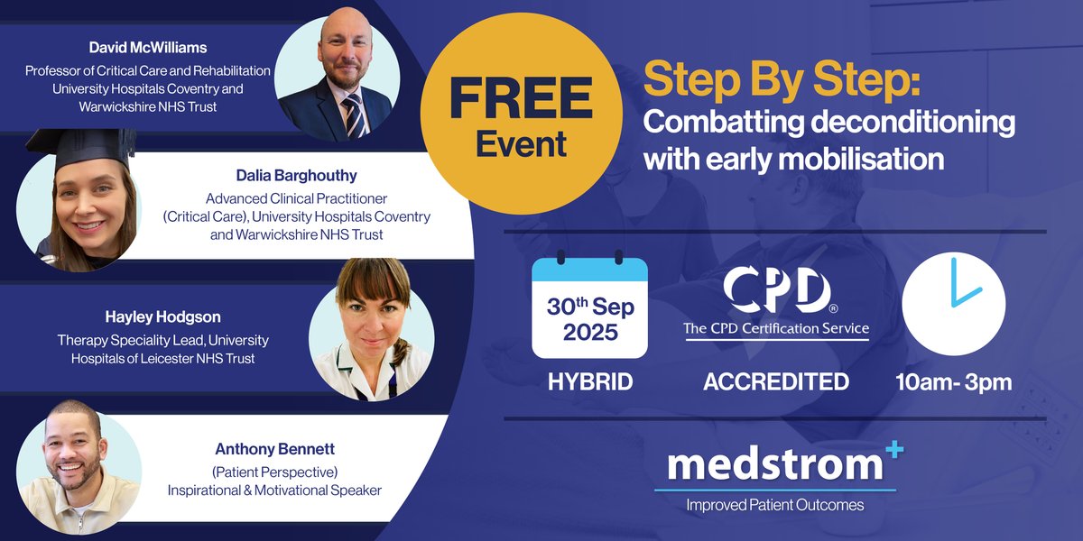 One webinar done, on to the next! 💻

Join us on 30 Sept for a FREE CPD-accredited hybrid webinar where we’ll explore practical strategies to combat deconditioning through early mobilisation.

Sign up now either:
Online: bit.ly/45Dpqfg
In-person: bit.ly/45IqluO