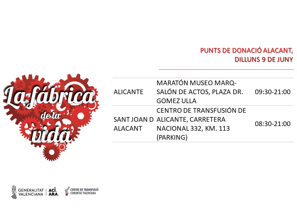 Punts de donació #Alacant
📅dilluns #9Juny
1 de cada 10 persones ingressades en un hospital necessita sang. La teua donació fa possible el seu tractament.

#DonaSang #DonaPlasma
Uneix-te a #LaFàbricaDeLaVida❤