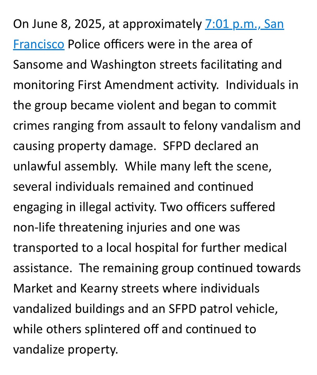 SFPD Officers took an oath to defend &amp; uphold the Constitution. Our officers staunchly defend the First Amendment rights of others, risking their own safety to do so. Protest the government. Do it loudly if you want to. It’s your right. However, if you commit acts of violence,… 