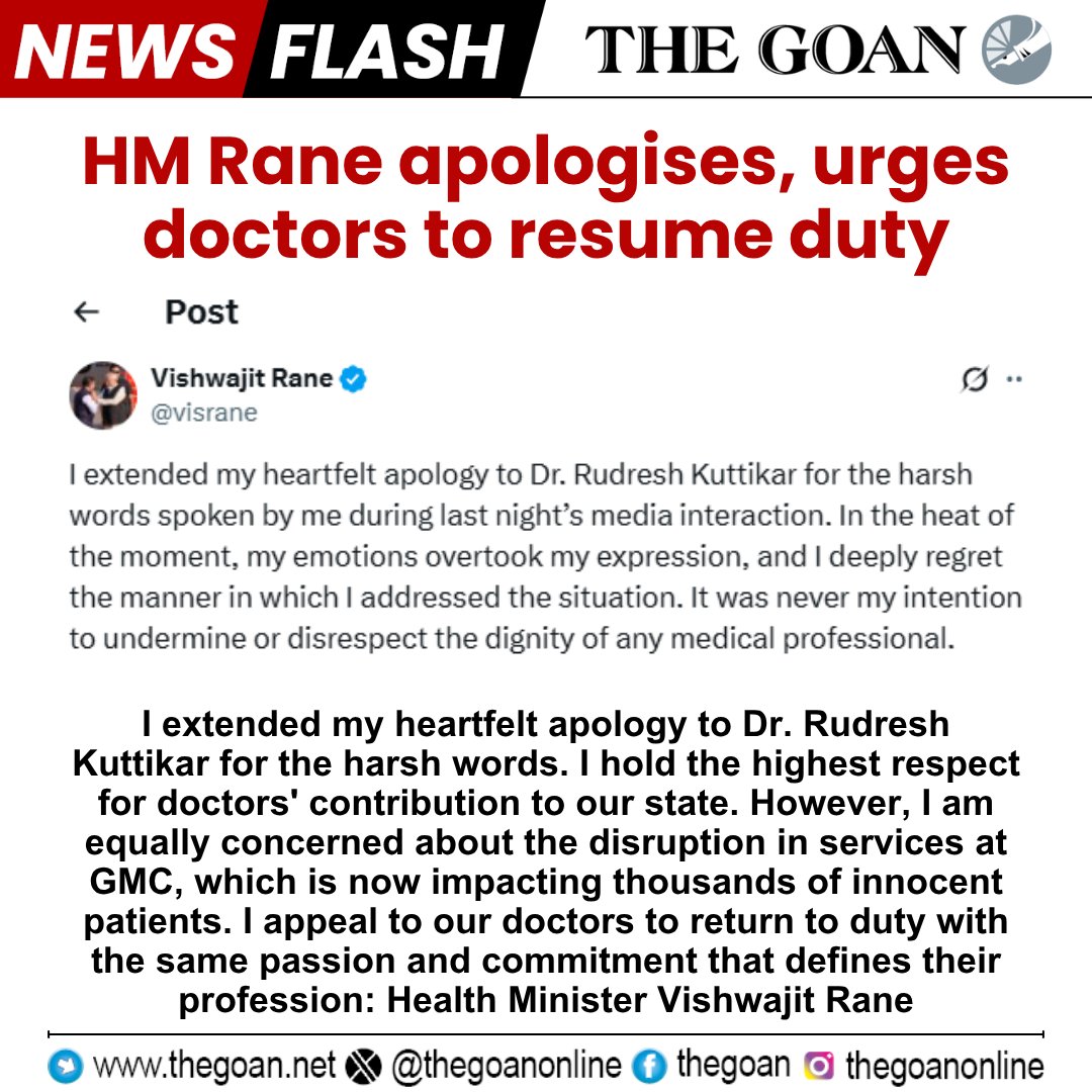 thegoanonline's tweet photo. HM Rane apologises, urges #doctors to resume duty

#Goa #BreakingNews #GMC #GoaMedicalCollege #Protest https://t.co/Tr9OwC3EXi