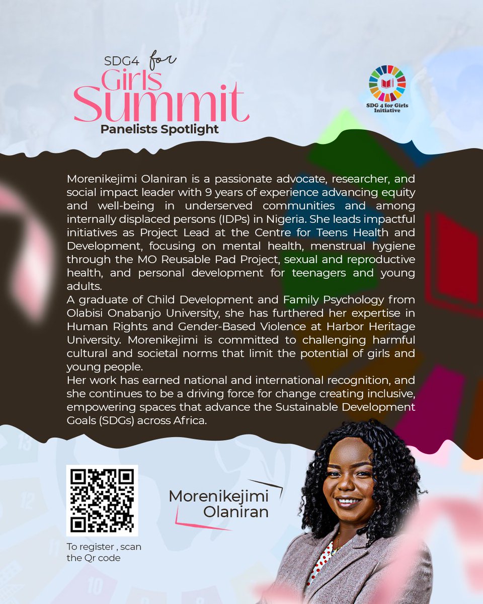 We're inviting YOU to be part of history. 

Introducing our panelist for our SDG4 for girls summit @theglobal_morenikeji

Join us for our #SDG4forgirls Summit coming up this June.

Click the link to register for the event: forms.gle/i2VvmcYbJYLzft…

This matters now more than ever!