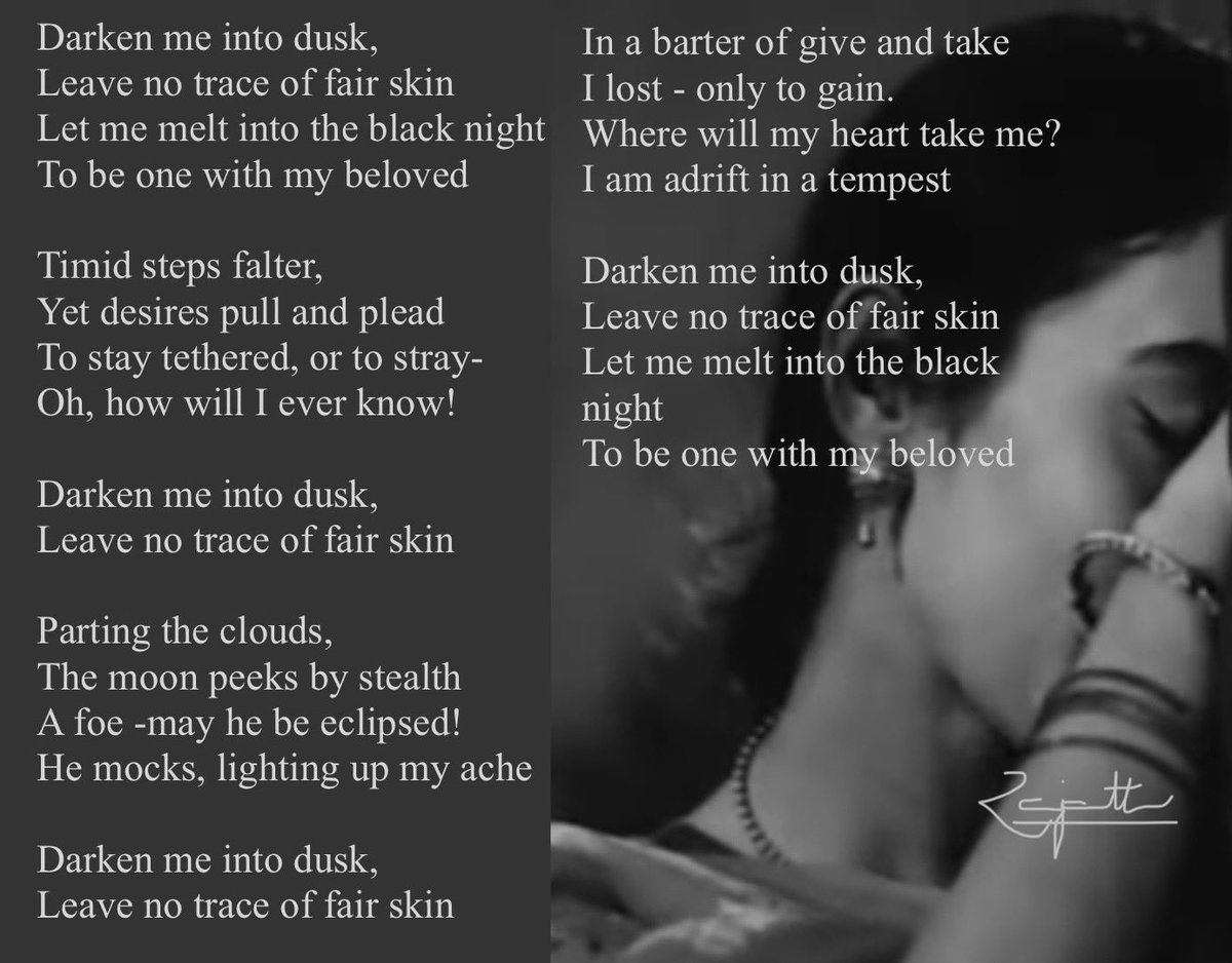 #Transcreation #Poetry 
 मोरा गोरा अंग लैले is supposedly #Gulzar’s first ever poem for a film. 
Nutan’s ethereal simplicity is the same as that of the lyrics which is again what the music and singing bring together too - a simple and a beautiful moonbeam. 
Darken Me!