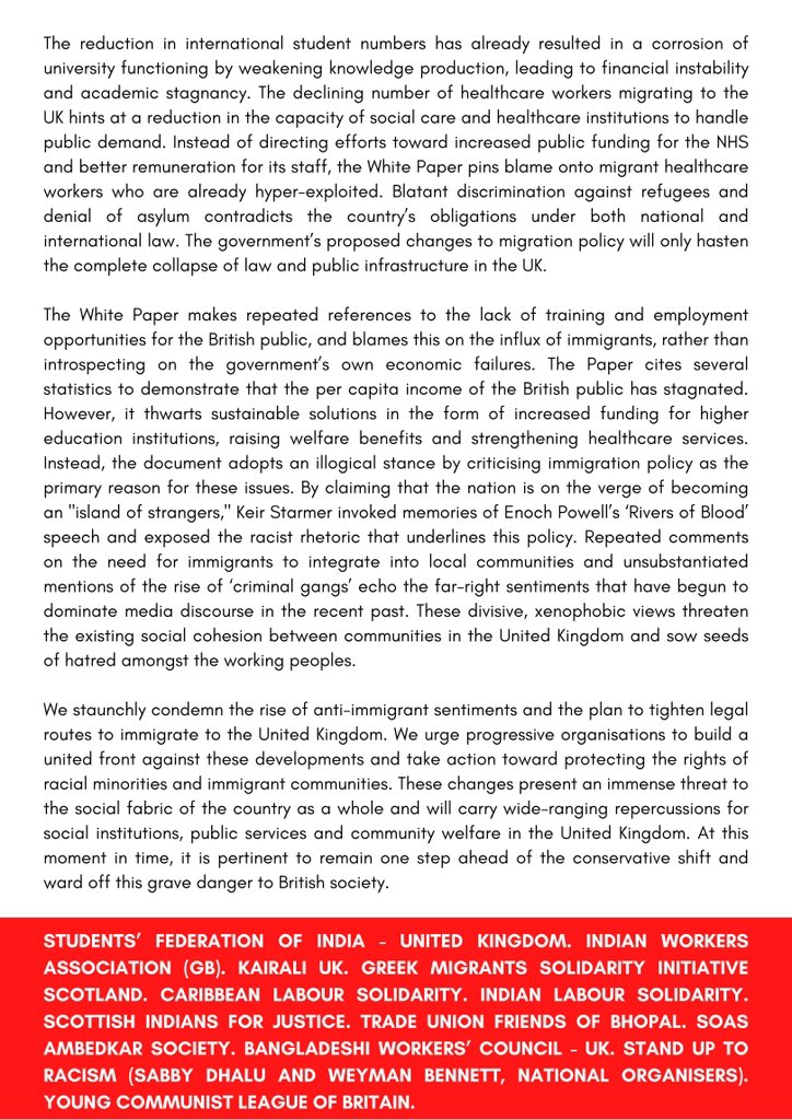 Joint Statement On the Immigration White Paper

We express our concern for the proposed changes in immigration policy and urge action to halt their implementation. An attack on migration is a threat to British society as a whole and will corrode existing social harmony.