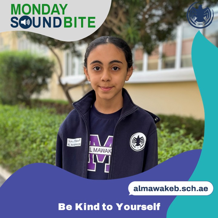 Grade 4 student Tara Rawashdeh reminds us that mistakes help us grow and encourages us to be kind to ourselves, take breaks when needed, and move forward with a positive mindset. Visit almawakeb.sch.ae to see the soundbite. #Mondaysoundbites