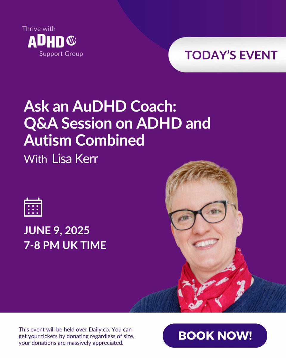 Please join us to share and learn from each other on the experience of living with both ADHD and Autism, hosted by AuDHD Coach Lisa Kerr

You can get your tickets by donating regardless of size (even £1, but the suggested donation is £5). We appreciate all your support.

Book