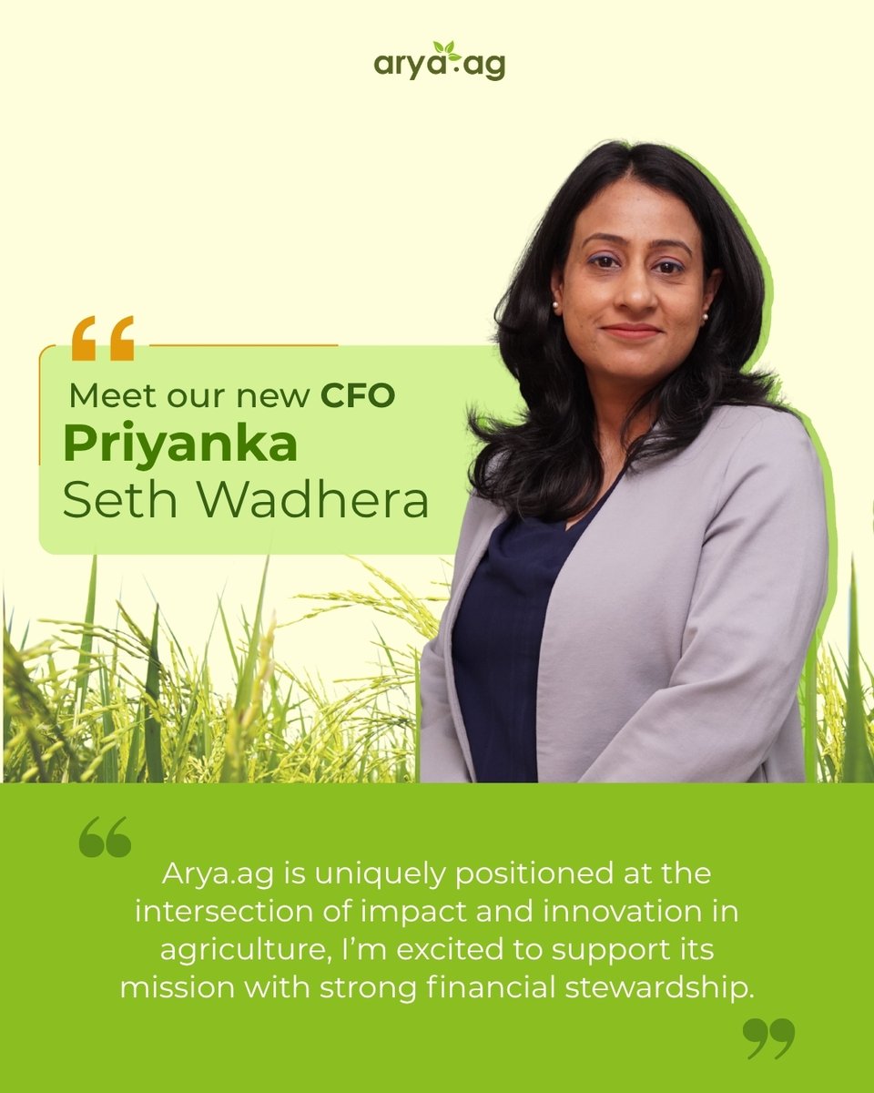 aryadotag's tweet photo. We're excited to welcome Priyanka Seth Wadhera as Group CFO at https://t.co/RFCAzgMhZQ
With 20+ years across Citi, Barclays, Religare & Indifi, she brings deep expertise to scale our financial systems and support agri value chain growth.
#TeamArya #CFO #AgriTech https://t.co/C9a6B0aNNk