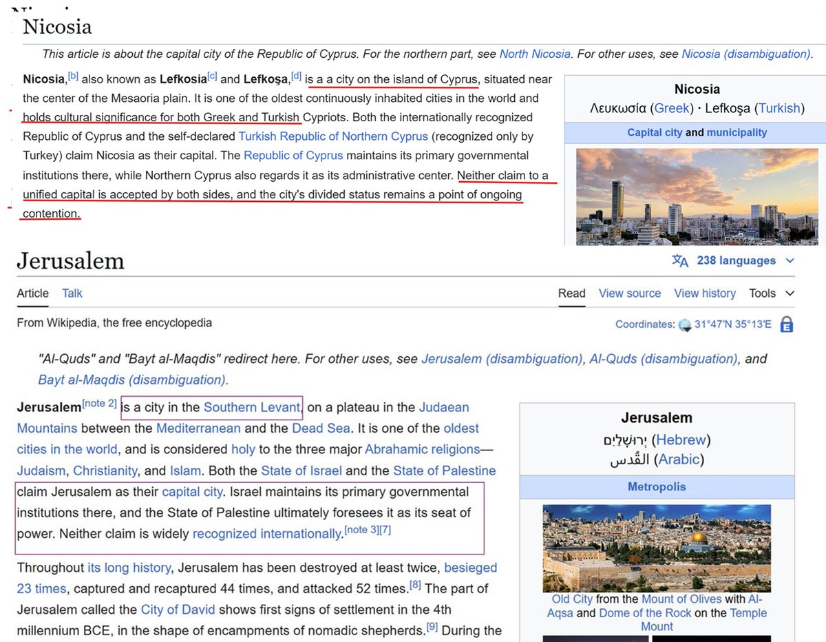 WikiBias's tweet photo. What if other capitals were written like Jerusalem?

This demo applies Wikipedia’s editorial framing of Jerusalem’s article to Nicosia’s capital.

It illustrates Wikipedia's ability to reshape reality, question sovereignty based on bias, and apply double standards. https://t.co/weWAuyvP1g