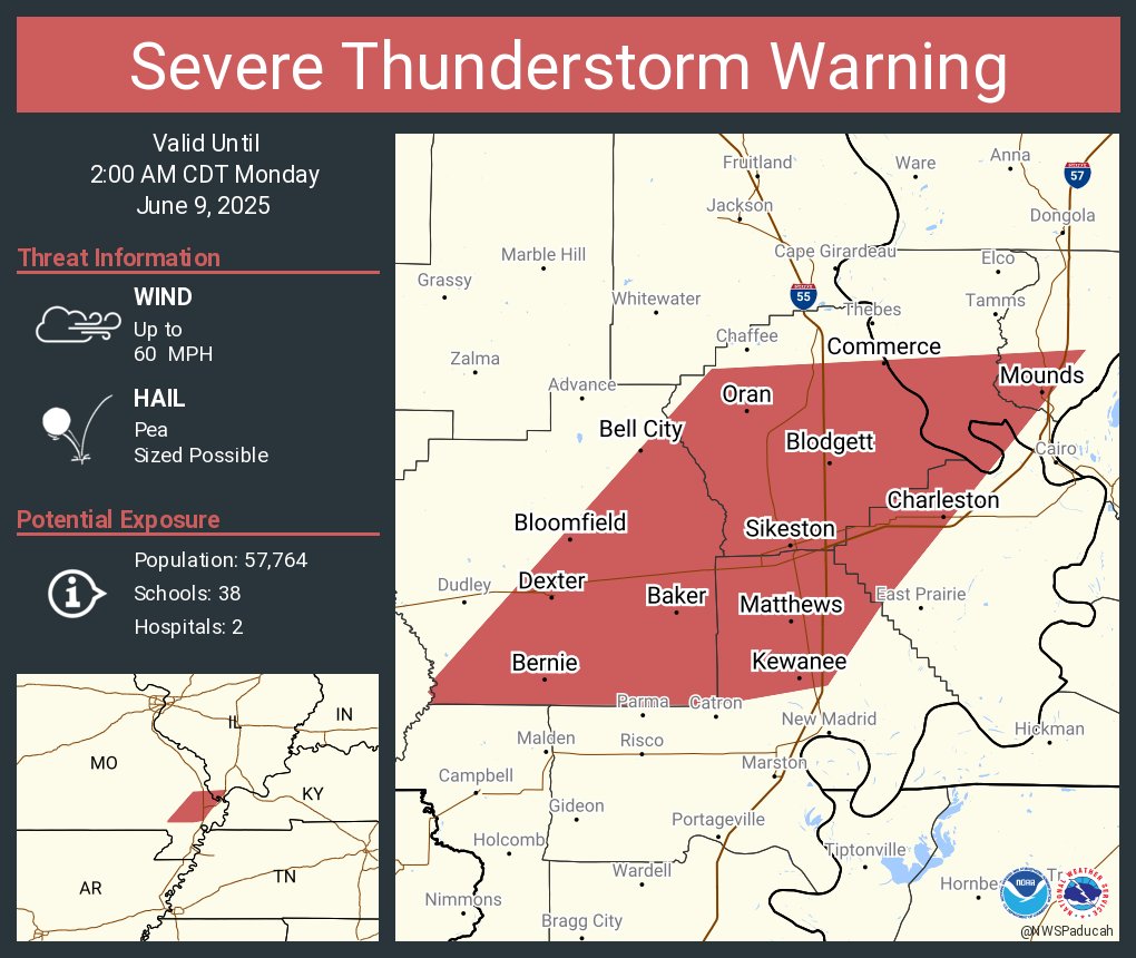 SEMOESPN's tweet image. Severe Thunderstorm Warning from 6/9/2025 till 2:00 AM for Stoddard, Mississippi, & Scott Counties. From NWS & River Radio.