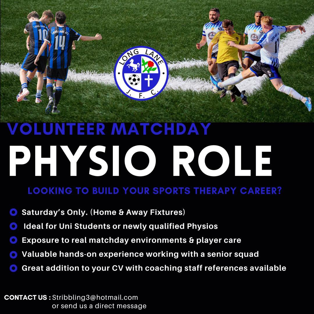 Long Lane ⚽️ (@ll1sts) on Twitter photo 🚨 Volunteer Matchday Physio Role
Looking to start your career in sports therapy?
Gain real experience with our senior squad on Saturdays. Great for uni students or newly qualified physios.
📩 Email Stribbling3@hotmail.com or DM us to apply 🚨 Volunteer Matchday Physio Role
Looking to start your career in sports therapy?
Gain real experience with our senior squad on Saturdays. Great for uni students or newly qualified physios.
📩 Email Stribbling3@hotmail.com or DM us to apply