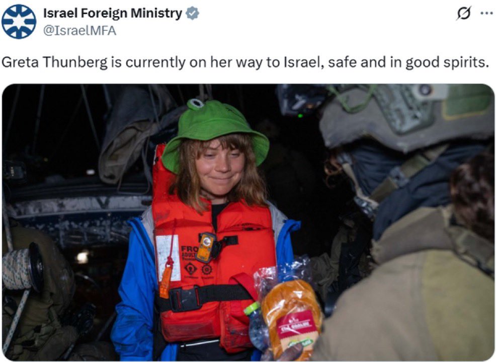 Zionists kept crying about hostages , now they take Greta Thunberg hostage, not to mention thousands of Palestinians. 🎗️