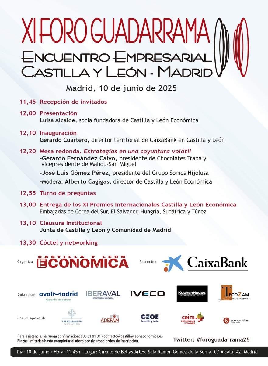 acagigasperez's tweet image. Este martes @cyleconomica organiza el #ForoGuadarrama25 en #Madrid ow.ly/EZhz50VSm6K @caixabank @jcyl @ComunidadMadrid @avalmadrid @IBERAVAL @IvecoES @kuchenhouse #TecoZam @EFCyL @adefammadrid @ceoe_cyl @_CEIM_ @EconomistasOrg @chocolatestrapa @MahouSanMiguel @hijolusa