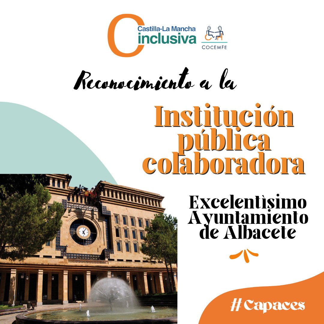CLM Inclusiva COCEMFE (@clm_inclusiva) on Twitter photo 📢El <a href="/AytoAlbacete/">Ayuntamiento de Albacete</a> recibe el Reconocimiento a la Institución Pública Colaboradora en la #GalaCapaces2025
Accesibilidad, apoyo al Tercer Sector y compromiso con las personas con discapacidad. Por hacer ciudad con corazón. ¡Gracias por estar siempre! ❤️🙌 📢El <a href="/AytoAlbacete/">Ayuntamiento de Albacete</a> recibe el Reconocimiento a la Institución Pública Colaboradora en la #GalaCapaces2025
Accesibilidad, apoyo al Tercer Sector y compromiso con las personas con discapacidad. Por hacer ciudad con corazón. ¡Gracias por estar siempre! ❤️🙌