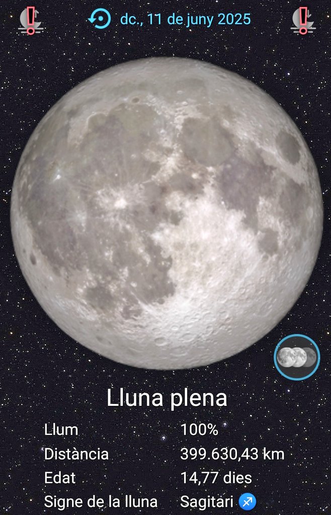 caledelspagesos's tweet image. LLUNA PLENA DEL JUNY: Dimecres 11, a les 9 h 46 m, a Sagitari.