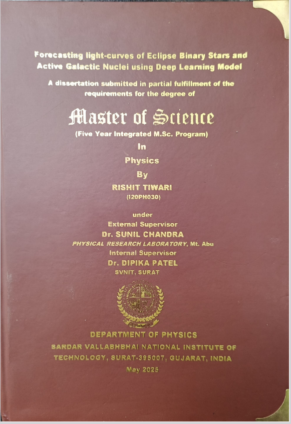 schandra_astro's tweet photo. Proud to share that the first full-time Master’s thesis under my guidance at PRL has been successfully submitted. It was a fantastic experience mentoring Mr. Rishit Tiwari from SVNIT. 
Wishing him all the very best for a bright and promising future ahead! @PRLAhmedabad https://t.co/IwwWDkX4Jo